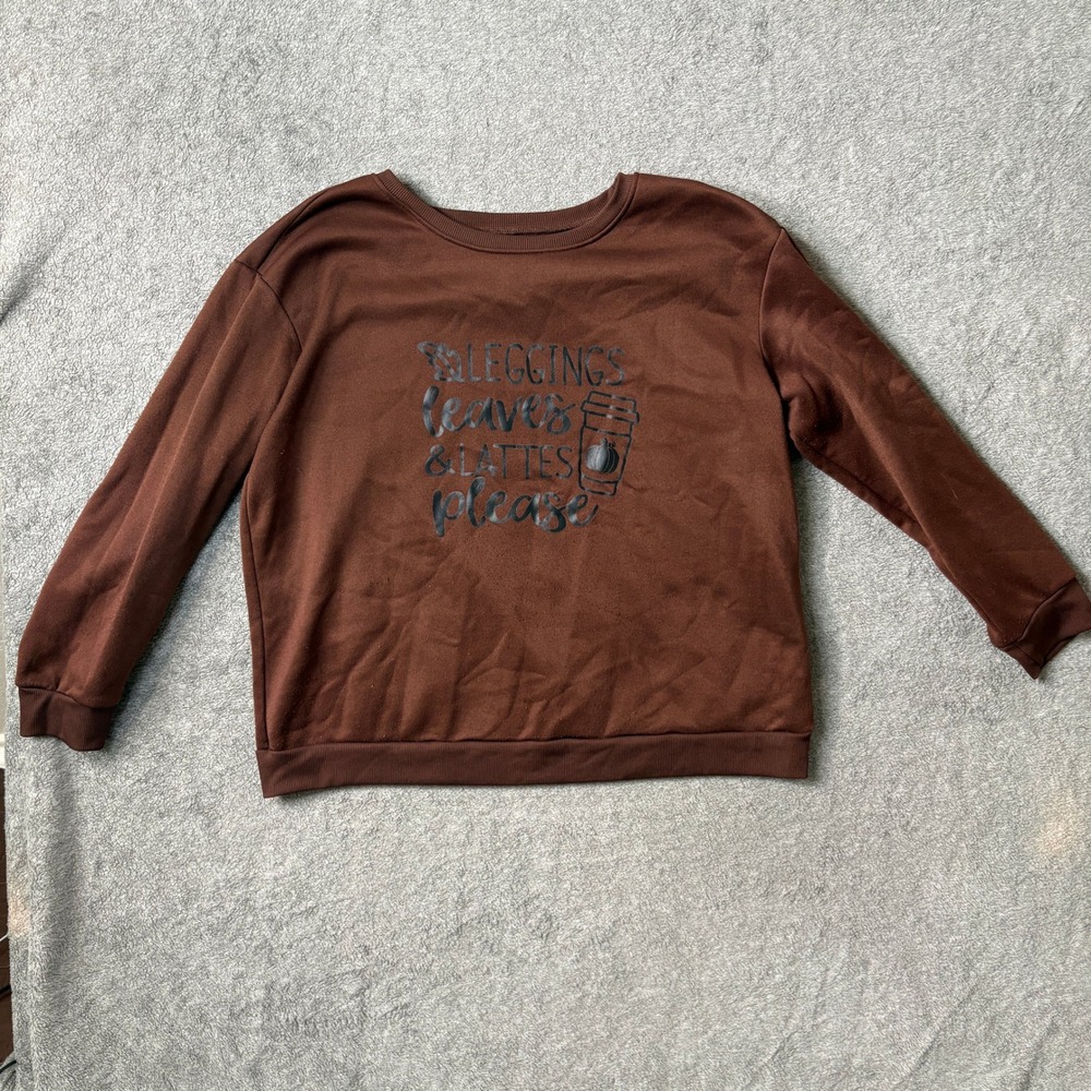 Shein Curve Leggings Leaves & Lattes Sweatshirt 2XL Brown Fall Graphic Pullover
